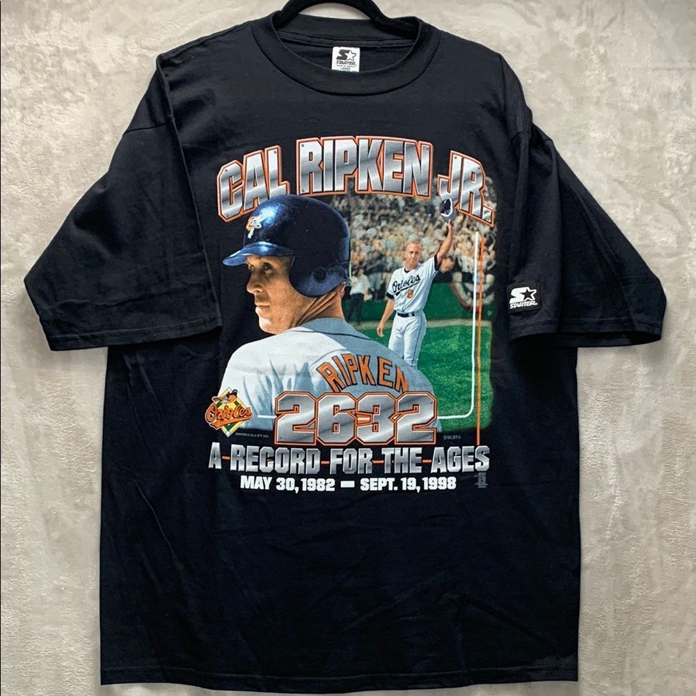 STARTER | LARGE UNISEX CAL RIPKEN JR. FAN SS SHIRT BALTIMORE ORIOLES | VTG BLACK